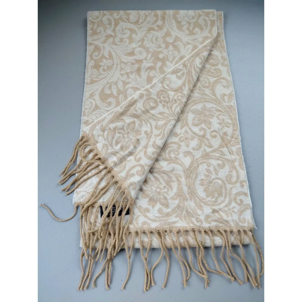 German Winter Scarf Cozy Beige Fringe Flue Scroll Floral 10X68" Soft Acrylic - Picture 1 of 4